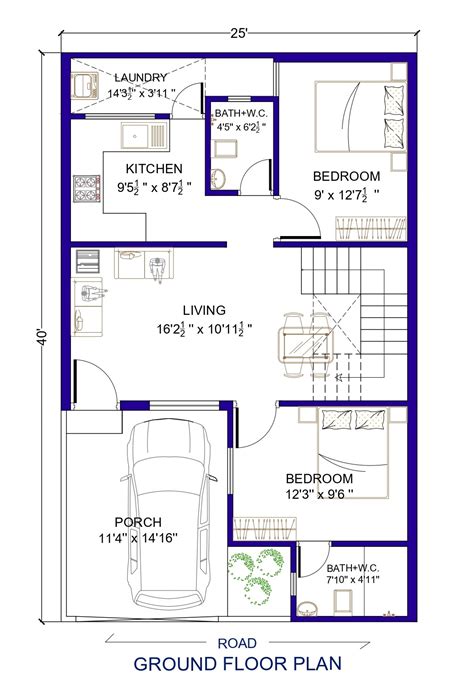 25 x 40 House Plan 2 BHK | 1000 Sq. Ft. House Design - Architego