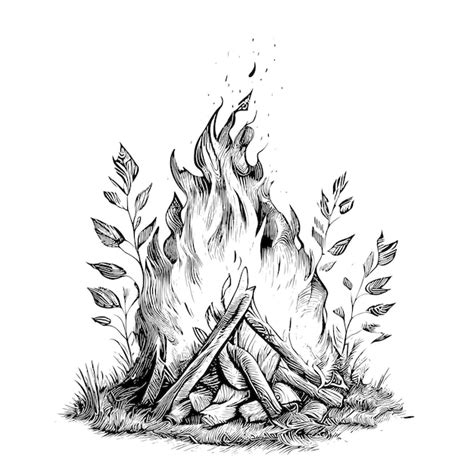 Premium Vector | A drawing of a campfire with leaves on the top.