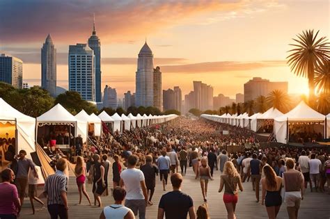 Premium AI Image | A crowd of people are walking in front of a large city skyline.