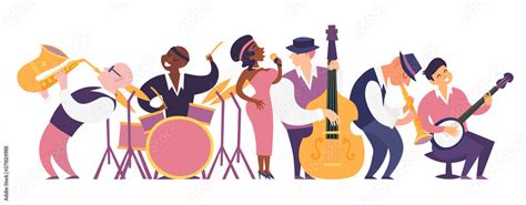 Jazz band vector colorful illustration. Cartoon jazz musicians set ...