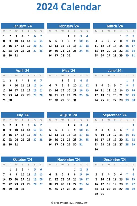 2024 Yearly Calendar in Excel, PDF and Word