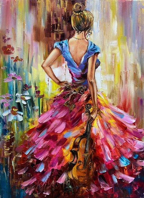 Violin Girl Oil Painting Canvas Original Beautiful Woman Wall Art ...