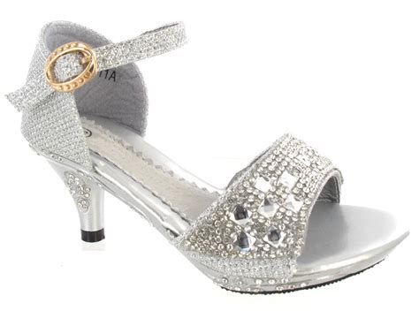 KIDS GIRLS WEDDING SANDALS LOW HIGH HEEL DIAMANTE PARTY BRIRDESMAID ...