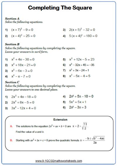 Free Complete The Square Worksheets