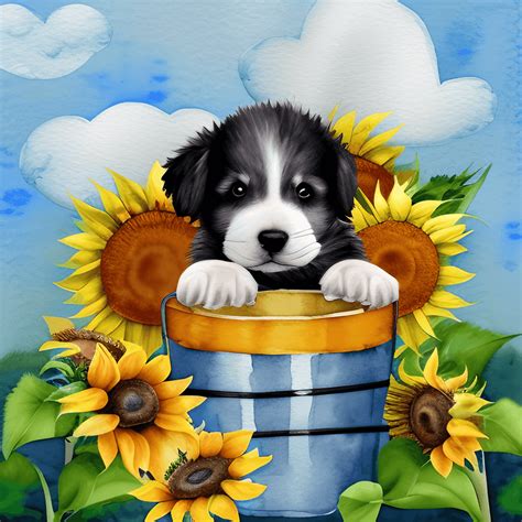 Cute Puppy with Sunflowers in a Bucket · Creative Fabrica