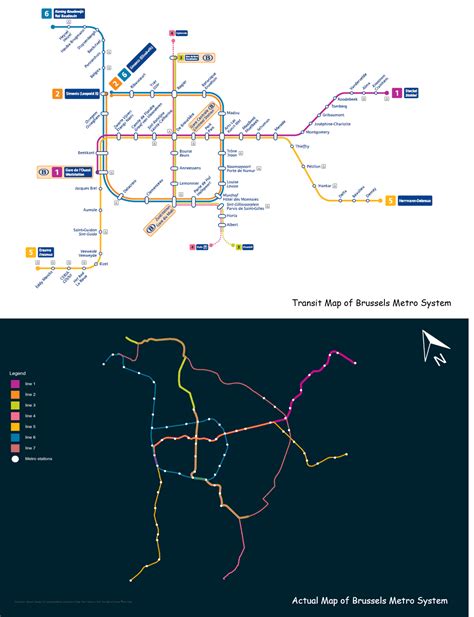 Schematic map versus actual map of Brussels metro system : MapPorn