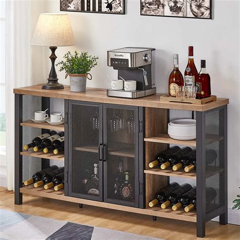 Buy ORRI Industrial Wine Bar Cabinet for Liquor and Glasses, Farmhouse Wood Coffee Bar Cabinet ...