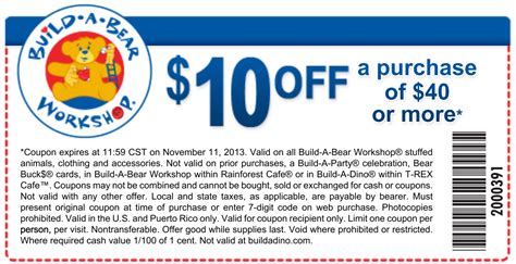 Build-A-Bear: $10 off $40 Printable Coupon