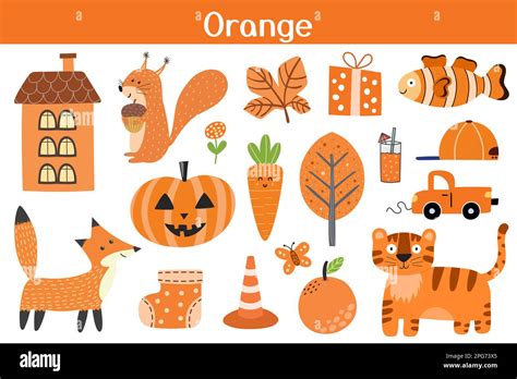 Orange color objects set. Learning colors for kids. Cute elements collection Stock Vector Image ...