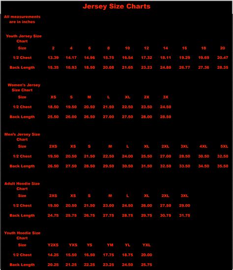 Jersey Size Charts