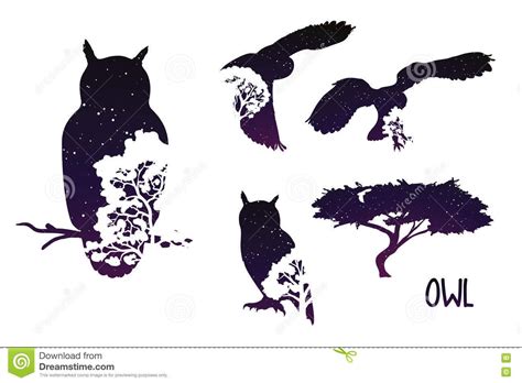 owl-silhouette-night-sky-trees-set-vector-illustration-double ...