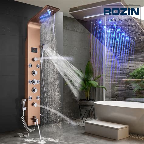 LED Light Shower System Bath Shower Column Rose Golden Rain Waterfall ...