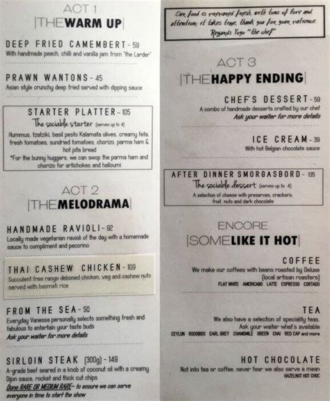 Menu at Kalk Bay Theatre pub & bar, Cape Town