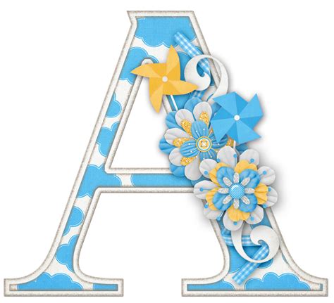 the letter a is decorated with blue and yellow flowers on it's front end