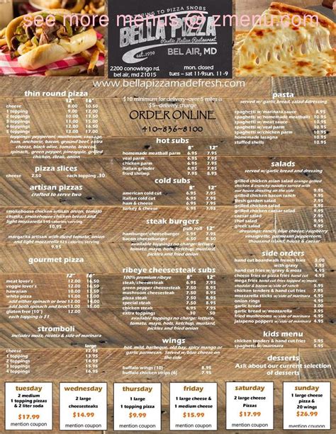 Online Menu of Bella Pizza Restaurant, Bel Air, Maryland, 21015 - Zmenu