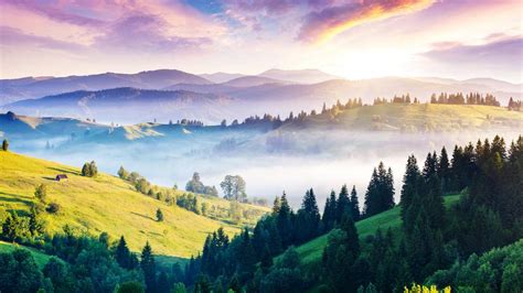 乌克兰山雾小屋丘陵太阳自然森林早上风景4k壁纸_图片编号100154-壁纸网