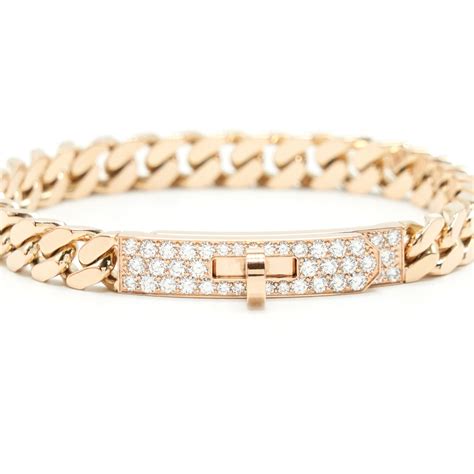 HERMES Kelly Gourmette Bracelet Size SH In Rose Gold With Diamonds