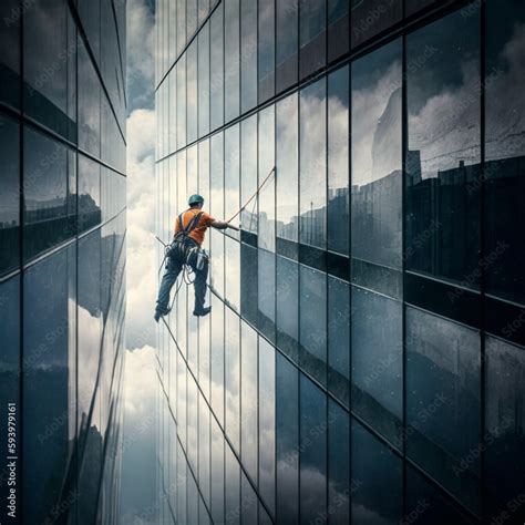 Window cleaner cleaning the windows of a skyscraper. Generative AI. Stock Illustration | Adobe Stock