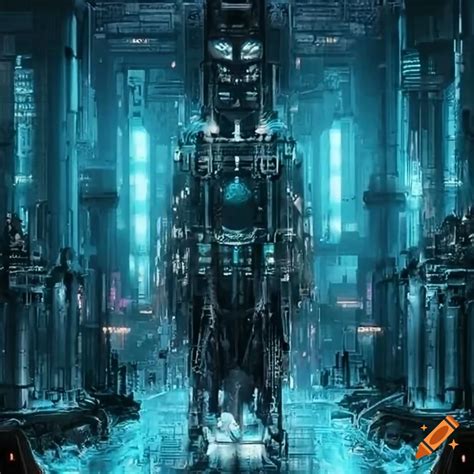 Cyberpunk temple of artificial intelligence