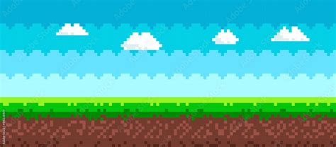 Pixel art game background. 8 bit picture with sky, clouds, ground and ...