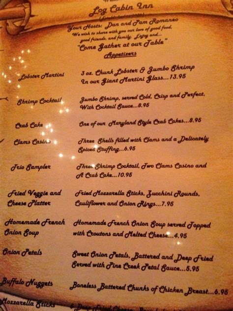 Menu at Log Cabin Inn steakhouse, USA, US-6