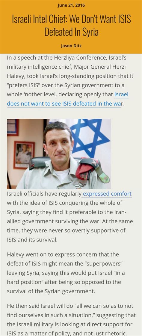 Israeli Intel Chief, Major General Herzi Halevy: We Don't Want ISIS Defeated In Syria, expresses ...