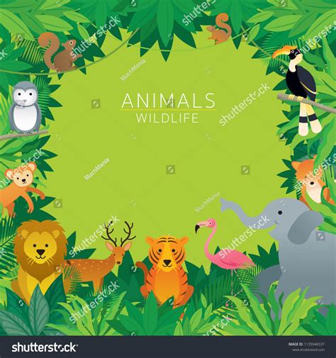 Wild Animals in Jungle, Frame, Kids and Cute Cartoon StyleJungle#Frame#Wild#Animals Cartoon ...
