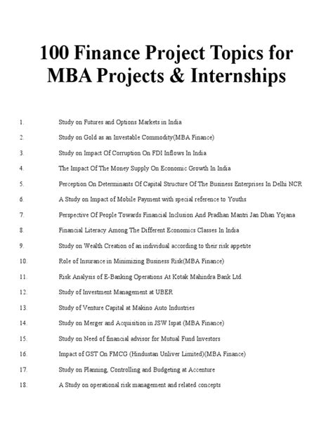 100 Finance Project Topics For MBA Projects | PDF | Investor | Banks