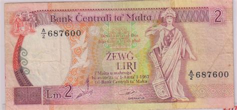 Malta - 2 lira 1967 used currency note - KB Coins & Currencies