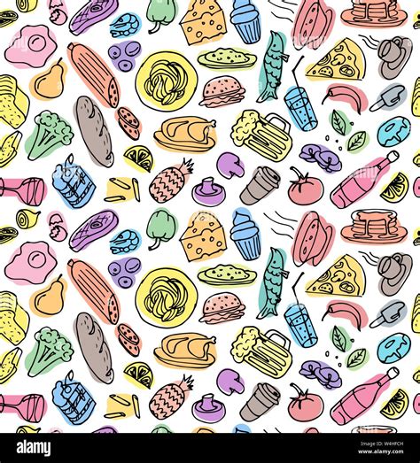 Various hand drawn food cookery dishes doodle outline colorful sketch seamless pattern on white ...