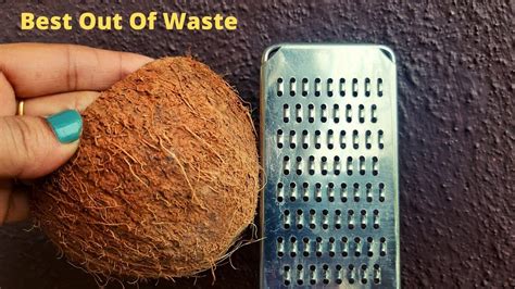 a person is holding a piece of coconut next to a grater with the words best out of waste on it