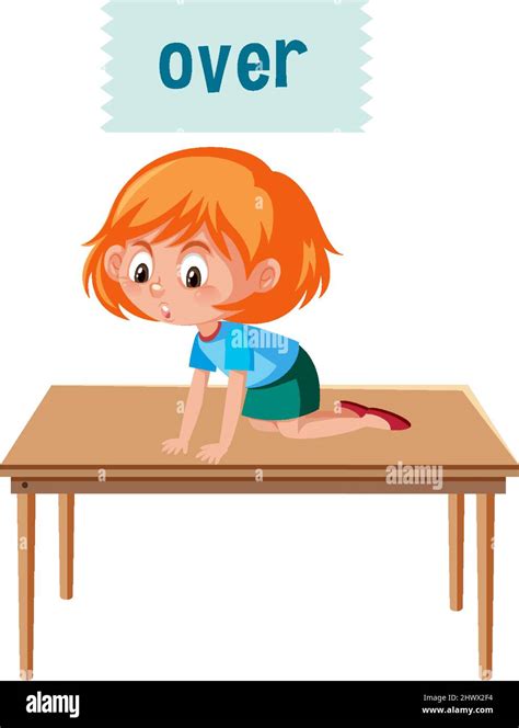 Preposition of place with cartoon girl and a table illustration Stock ...