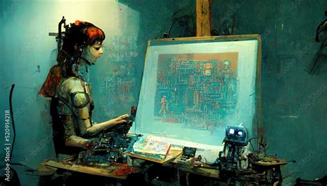 Humanoid AI robot working in an art studio painting a picture, Art ...