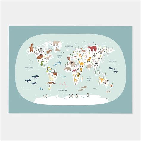 Animal World Map Poster Kids World Map Printable Illustrated - Etsy