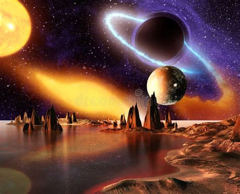 Alien Planet With Planets, Earth Moon And Mountains Stock Illustration - Image: 55360541