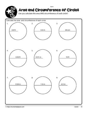 Area and Circumference of Circles cm Worksheets