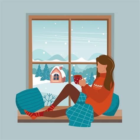 Premium Vector | Cozy winter illustration with cute girl sitting on a windowsill with a cup ...