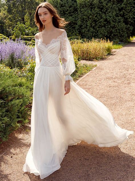 Off the shoulder sheath wedding dress with lace bishop style sleeves