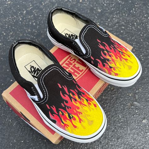 Hot Flame Shoes Custom Vans Black Slip on Red Orange Yellow - Etsy