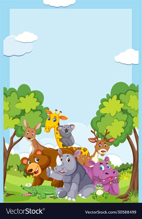 Border template design with many wild animals Vector Image