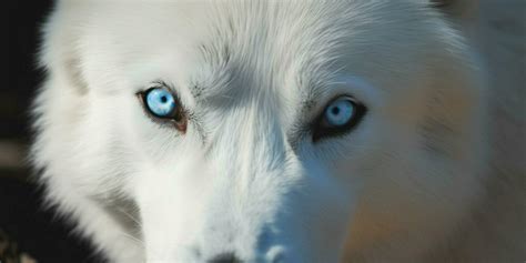 A white wolf with blue eyes lies on the log Ai generated 23386520 Stock Photo at Vecteezy