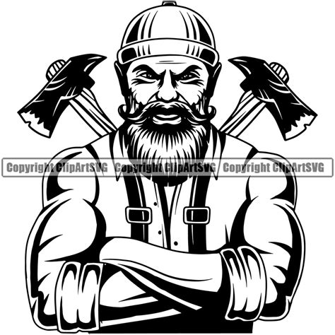 Black And White Color Lumberjack Man Standing And Crossed Axe Design ...