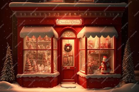 Premium AI Image | A red storefront with a christmas tree in the window.