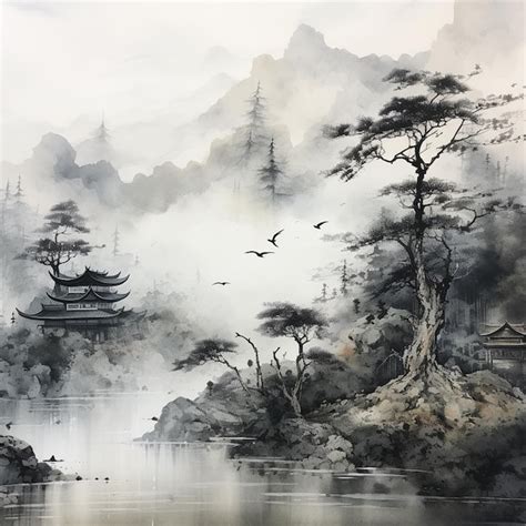 Premium AI Image | Japanese Landscape Ink Wash Painting