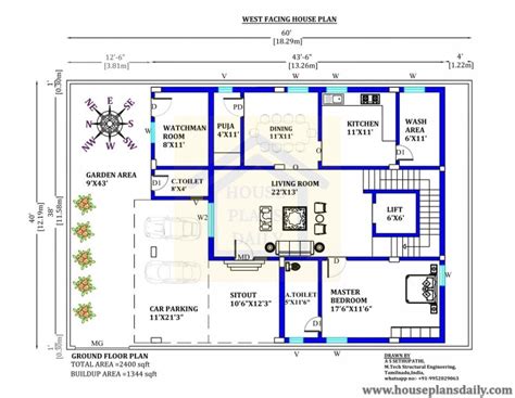 Duplex Floor Plan | House Plan with Lift | 60x40 West Home - House Designs and Plans | PDF Books