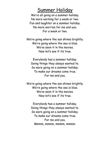 'Summer Holiday' lyrics sheet | Teaching Resources