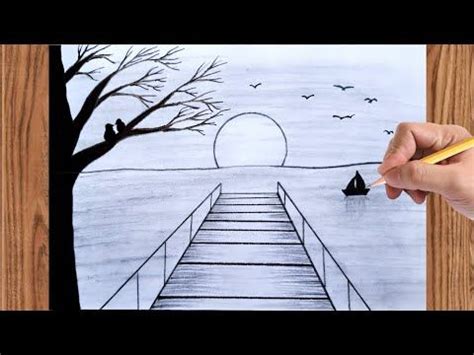 beautiful Drawing of Nature | How to draw sketch Of Nature Pencil Drawing | Bird Couple Bridge ...