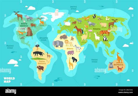 Cartoon world map with animals, oceans and continents. Funny geography for kids education vector ...