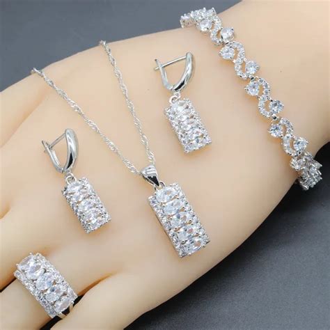 Wholesale 925 Sterling Silver Jewelry Sets For Women Geometric White Crystal Wedding Necklace ...