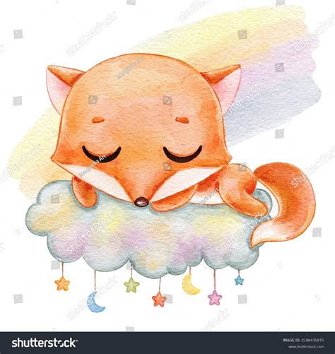 Watercolor Illustration Red Fox Sleeping On Stock Illustration ...